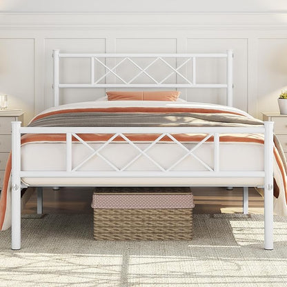 Yaheetech Twin Size Metal Platform Bed Frame with Simple Headboard and Footboard, Mattress Foundation for Under Bed Storage, Steel Slat Support, No Box Spring Needed, Easy Assembly, White