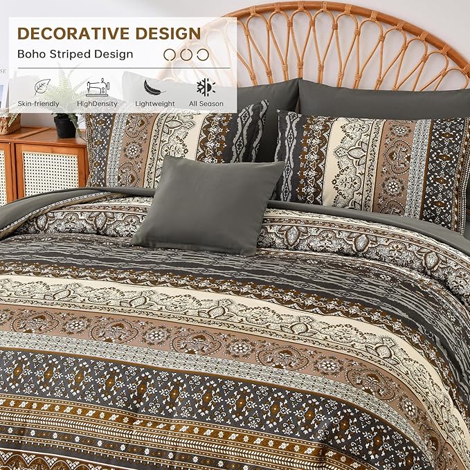 Cottolester Boho Comforter Set California King Size 8 Pieces,Brown Black Bohemian Comforter Paisley Striped Bed in A Bag,Soft Microfiber Bedding Set for All Season