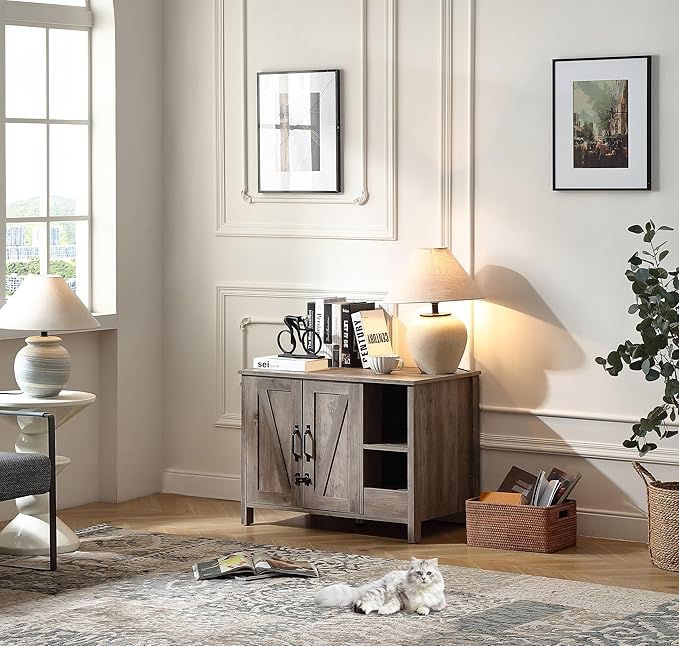 31.9'' Small Cat Litter Enclosure,Adjustable Shelf for Dog Proof and Storage,Locks Added for cat,Cat Litter Collector,Small Indoor Cat House,Grey-Mewly Pet