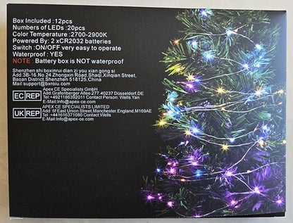 Fairy Lights CR2032 Battery Operated,6.6Ft/2Meter 20 LEDs Micro Silver Wire String Lights for Bedroom Christmas Party Wedding Decoration(Warm White, 12 Pack)