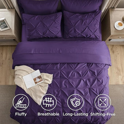 Bedsure King Size Comforter Set Purple - Bed in a Bag Bedding Set 7 Pieces, GentleSoft™ Pintuck Bed Set Gift for Family, Pinch Pleat Purple Comforter with Sheets, Pillowcases & Shams