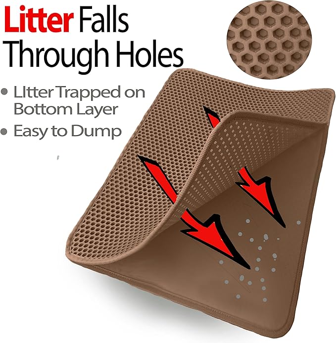 iPrimio Large Cat Litter Trapper Mat w/ Urine/Waterproof Layer - Larger Holes w/ Urine Puppy Pad Option - Cat Litter Mat, Light and Soft (Brown Color)-Mewly Pet