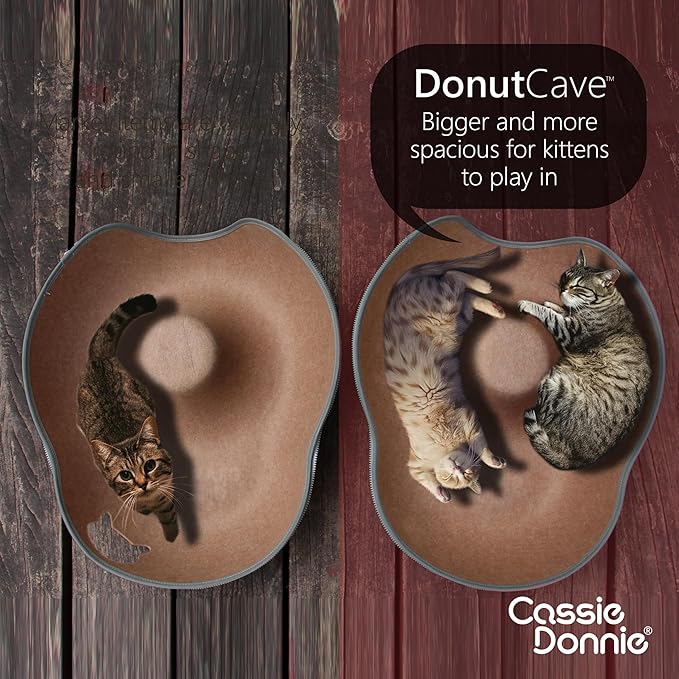 Cat Tunnel Bed for Indoor Cats, Medium Large, Donut Cave House up to 22 Lbs, Spacious for 2 Kittens (Brown)-Mewly Pet