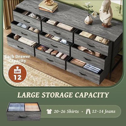 Huuger Long Dresser for Bedroom, 55 Inch TV Stand for 55, 60 Inch TV, Entertainment Center with Drawers, Large Storage Fabric 9 Drawer Dresser, Closet, Grey