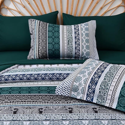 Cottolester Boho Comforter Set Queen Size,8 Pieces Emerald Green Bohemian Striped Bed in a Bag,Paisley Soft Microfiber Bedding Comforter Set