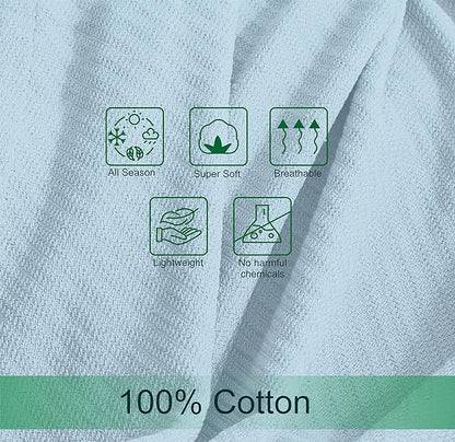 COTTON CRAFT Soft Cotton Thermal Blanket - Plush Herringbone Twill- All Season Luxurious Breathable Skin Friendly Lightweight Cooling Throw Blanket -Sofa Couch Travel Camping Dorm- Full Queen Sky Blue