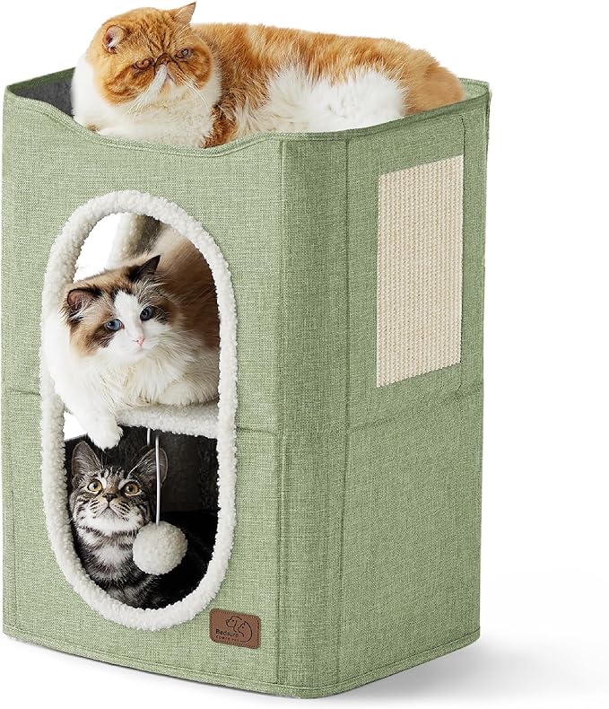 Bedsure 2 Story Cat House - Cat Condos for Indoor Cats with Scratch Pad and Fluffy Ball Hanging, Small Pet Cave Furniture Hideaway for Multi Pets, 18x14x23 inches, Green-Mewly Pet