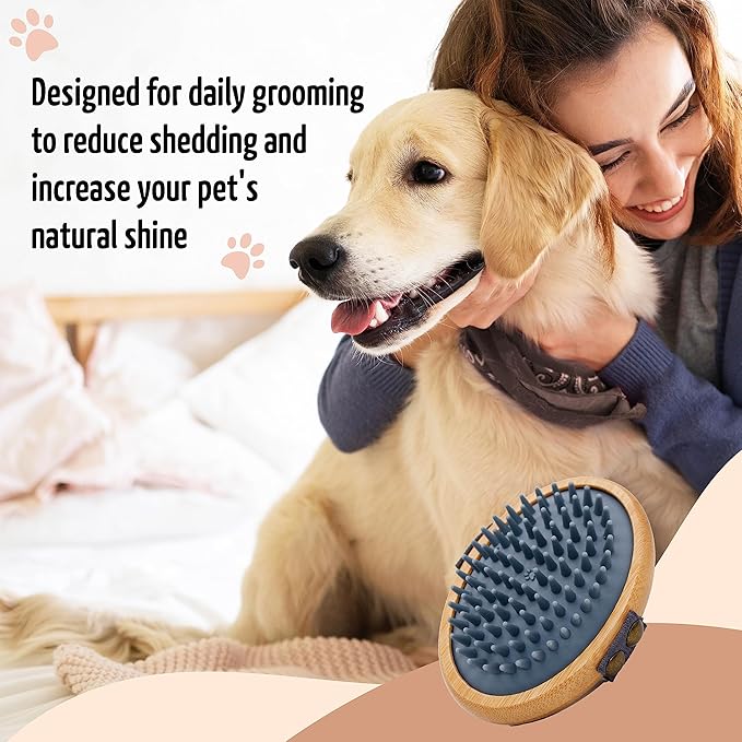 The Buddy System Rubber Pet Close Brush, Soft Touch Oval Palm Brush - Bamboo Massage Handheld with Rubber Bristles and Elastic Band for Dogs and Cats - Gray-Mewly Pet