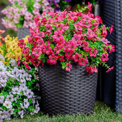 Artificial Flowers for Outdoors Fake Plants - 16 Bundles Faux Outside Greenery Boxwood No Fade Plastic Shrubs Fall Decor Farmhouse Home Garden Thanksgiving Mums (Red)