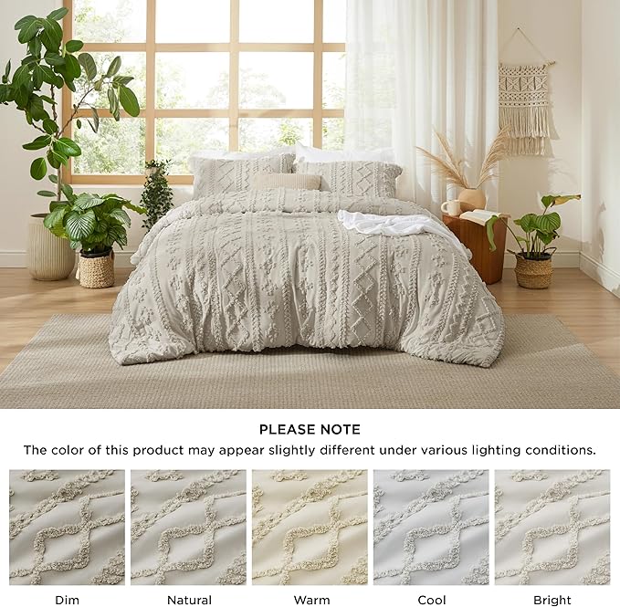 Bedsure Tufted Boho Comforter Set King Size - Linen Boho Bed Set, GentleSoft™ 3 Pieces Farmhouse Shabby Chic Embroidery Bedding, Gifts for Woman, Soft Jacquard King Comforter for All Seasons