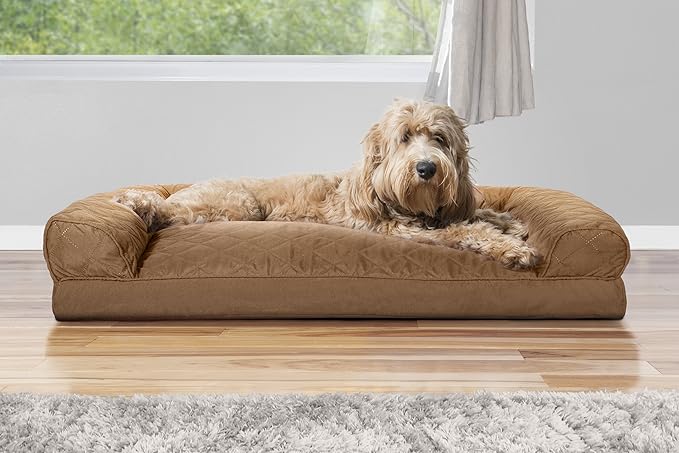 Furhaven Pillow Dog Bed for Large/Medium Dogs w/ Removable Bolsters & Washable Cover - Quilted Sofa - Toasted Brown, Large-Mewly Pet