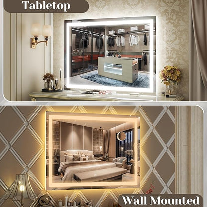 FENNIO Large Vanity Mirror with Lights，38" x 28" LED Makeup Mirror，Hollywood Mirror with 3 Color Modes & Adjustable Brightness，Vanity Mirror Square White