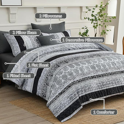 Boho King Size Comforter Set 8 Pieces,Gray Bohemian Striped Bed in a Bag,Floral Soft Microfiber Bedding Comforter Set