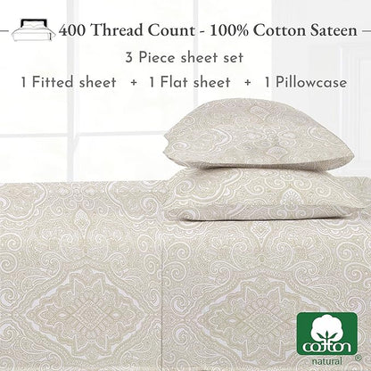 California Design Den Printed Twin XL Sheet Sets - 400 Thread Count Sateen, Natural 100% Cotton Sheets, Deep Pockets, Cooling and Durable Bedding Set - Paisley Pattern, Beige