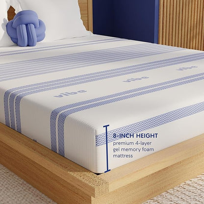 Vibe Gel Memory Foam Mattress, Fiberglass Free 8-Inch CertiPUR-US Certified Bed-in-a-Box, King, White