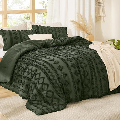 Bedsure Tufted Boho Comforter Set Queen Size - Olive Green Boho Bed Set, GentleSoft™ 3 Pieces Farmhouse Shabby Chic Embroidery Bedding, Gifts for Woman, Soft Jacquard Queen Comforter for All Seasons