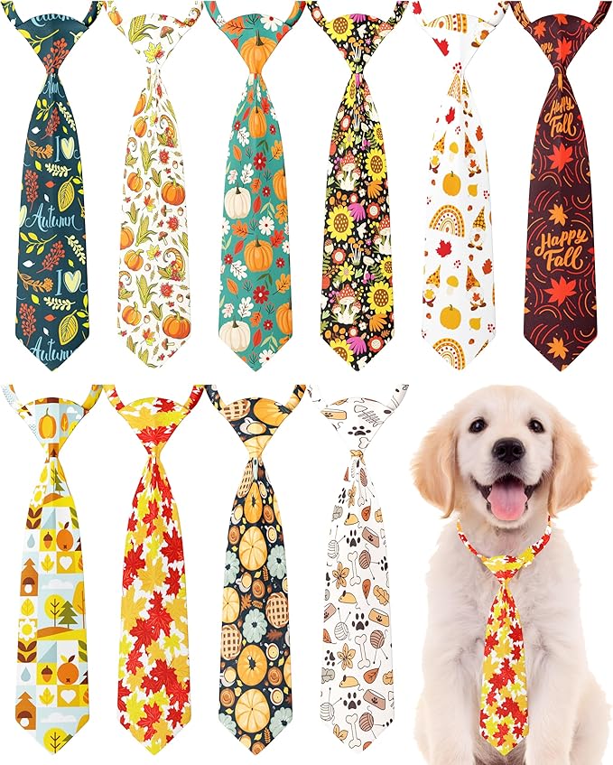 PET SHOW 10 Pack Fall Dog Ties Neckties for Large Medium Dogs Pumpkin Maple Leaf Adjustable Neck Ties Girl Boy Pets Autumn Costumes Dog Holiday Grooming Accessories Wedding Party Gift Favor-Mewly Pet