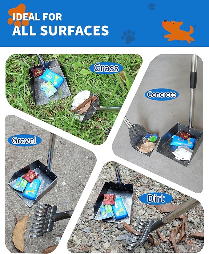 Dog Pooper Scooper Set, Stainless Metal Tray Rake Spade 3 Pack, Long Handle Pet Waste Scooper for Large Medium Small Dogs, Heavy Duty Poop Scooper for Yard, Grass, Dirt or Gravel-Mewly Pet