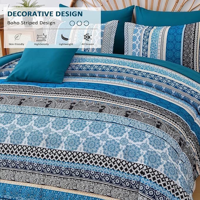 Cottolester Boho Comforter Set Queen Size,8 Pieces Teal Blue Bohemian Striped Bed in a Bag,Paisley Soft Microfiber Bedding Comforter Set