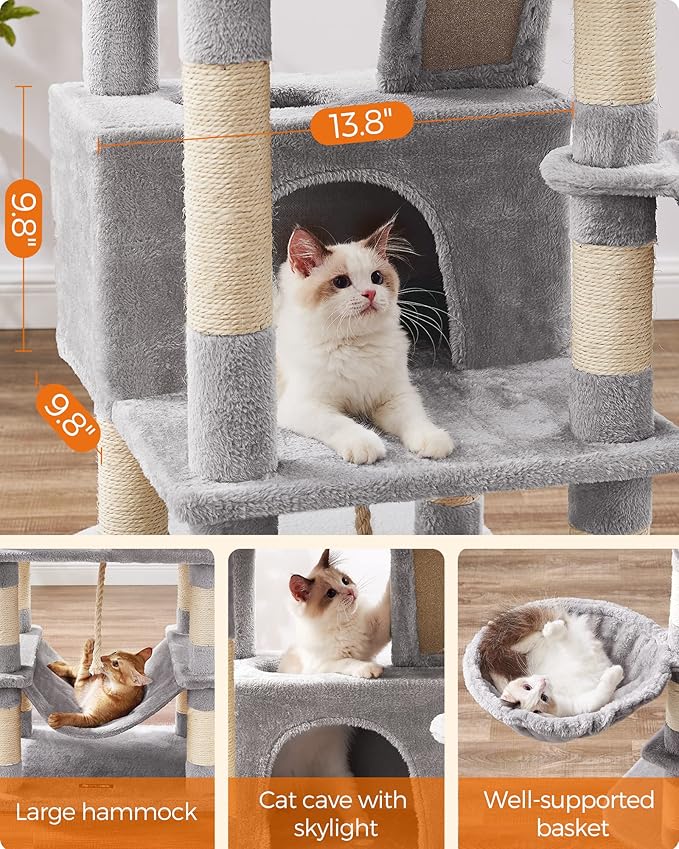 Feandrea Cat Tree, 66.1-Inch Large Cat Tower with 13 Scratching Posts, 2 Perches, 2 Caves, Basket, Hammock, Pompoms, Multi-Level Plush Cat Condo for Indoor Cats, Light Gray UPCT165W01-Mewly Pet