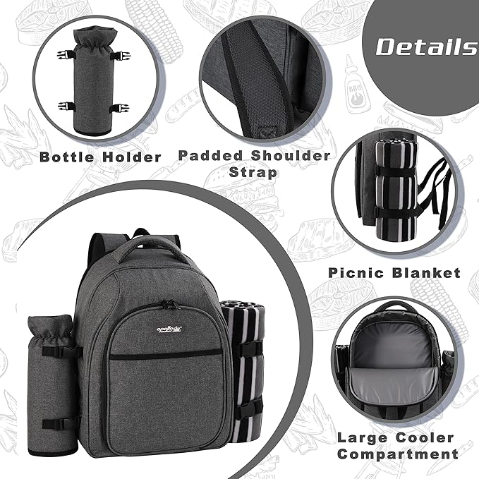 apollo walker Picnic Backpack Bag for 2 Person with Cooler Compartment, Detachable Bottle/Wine Holder, Fleece Blanket, Plates and Cutlery Set (2Person,Grey)-Mewly Pet