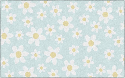 Flagship Carpets Schoolgirl Style White Daisies on Blue Educational Area Rug for Kids Room Seating Décor, Children's Classroom, Play Carpet for Teaching and Playroom, 7'6" x 12'
