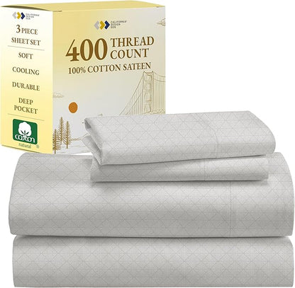 California Design Den Deep Pocket Twin Sheets Set - 400 Thread Count Sateen, Natural 100% Cotton Bed Sheets, Deep Pocket Cooling and Durable Bedding Set - Taupish-Sage Crosshatch