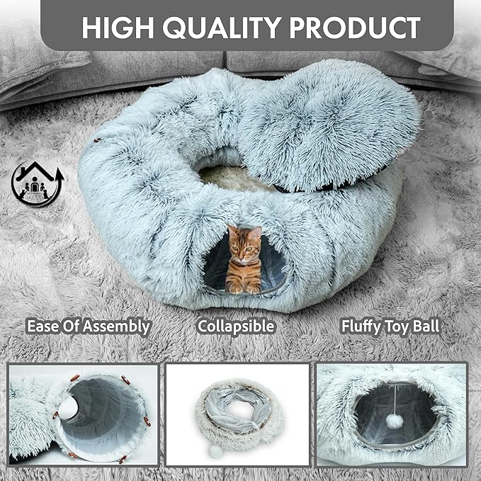Large Cat Tunnel Bed for Indoor Cats Warm Fluffy Plush Cat Cave Tunnel Bed Collapsible, Washable, 3 Way and Multifunctional with Dangling Balls for Cats, Kittens and Rabbits- Gray-Mewly Pet