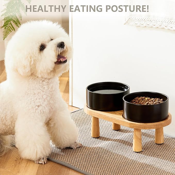 Ceramic Elevated Dog Bowls, Pet Food and Water Bowl Set for Medium and Small Dogs, 3.5 Cups Dog Bowls Raised with Wood Stand, 29OZ, Black-Mewly Pet