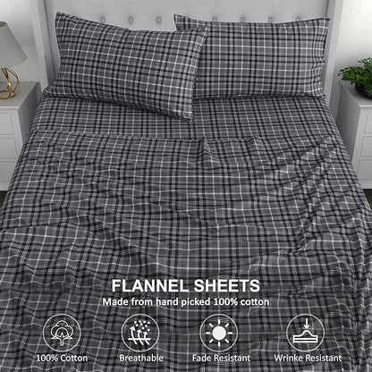 RUVANTI Flannel Sheets King Size - 100% Cotton Brushed King Size Sheets Set - Deep Pockets 16 Inches Bed Sheets - All Seasons Breathable & Extra Soft - Warm & Cozy, 4 Piece, Grey Plaid