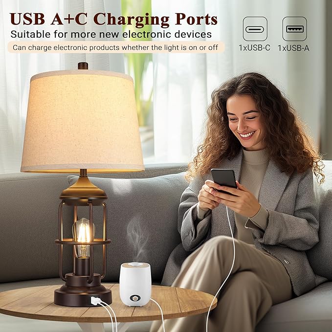 Qimh Table Lamp for Bedroom Set of 2 with USB A+C Ports, Farmhouse Bedside Lamp with Night Light, 3-Way Dimmable Touch Control, Rustic Industrial Nightstand Lamp for Living Room (2700K Bulbs Included)