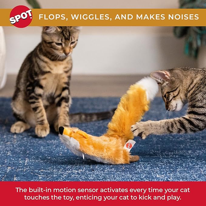 SPOT Flippin’ Skinneeez Fox - Interactive Cat Toy with Catnip - Touch Activated Flopping, Wiggling, Moving Toy for Cats and Kittens, USB Rechargeable, Washable, Large Size for Cats to Hug and Kick-Mewly Pet