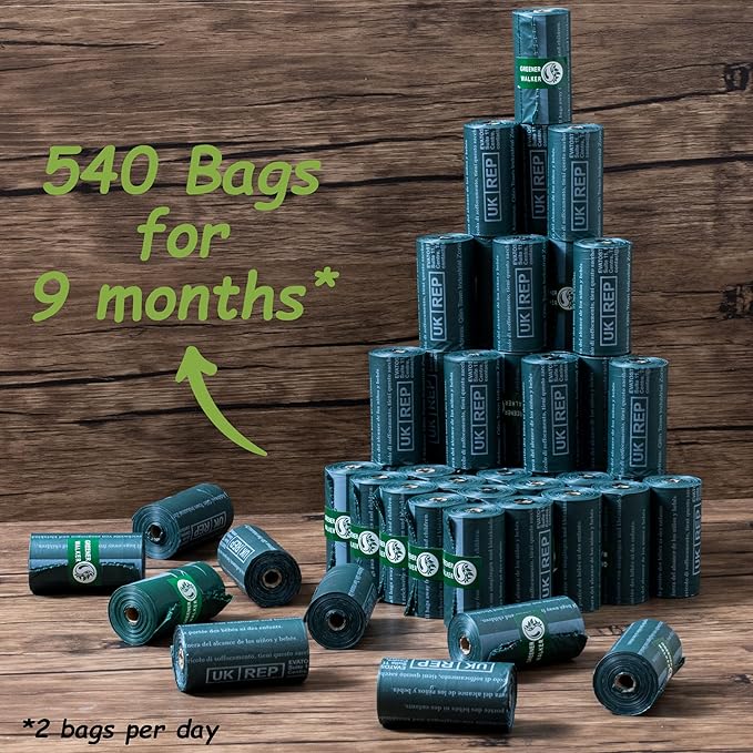 GREENER WALKER Poop Bags for Dog Waste-540 Bags,Extra Thick Strong 100% Leak Proof Dog waste Bags (Deep Green)-Mewly Pet