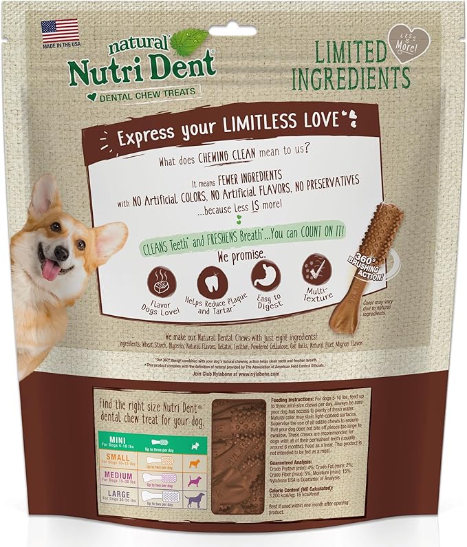 Nylabone Nutri Dent Dog Dental Chews - Natural Dog Teeth Cleaning & Breath Freshener - Dental Treats for Dogs - Filet Mignon Flavor, Mini (160 Count)-Mewly Pet