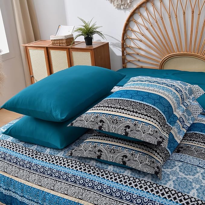 Cottolester Boho Comforter Set King Size,8 Pieces Teal Blue Bohemian Striped Bed in a Bag,Paisley Soft Microfiber Bedding Comforter Set