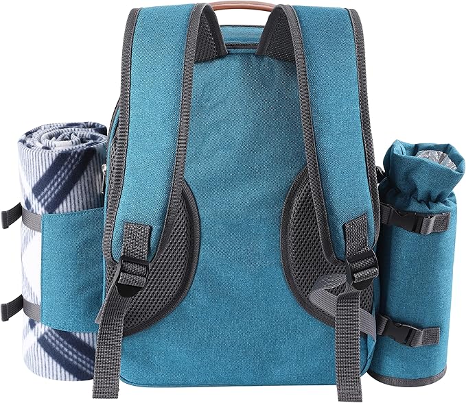 Apollo Walker Picnic Backpack Set for 2 Person with Cooler Compartment, Detachable Bottle/Wine Holder, Fleece Blanket, Plates and Cutlery Set (Teal)-Mewly Pet