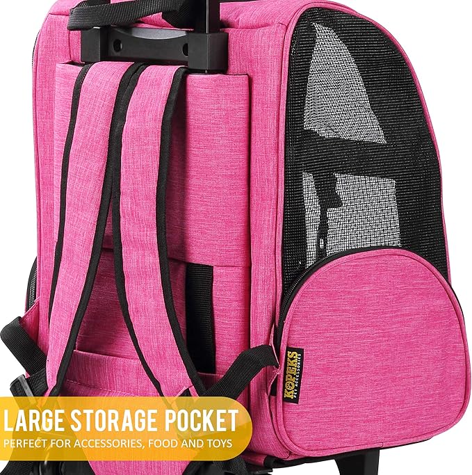 KOPEKS Deluxe Backpack Pet Travel Carrier with Double Wheels for Pets up to 18 Pounds - Pink-Mewly Pet