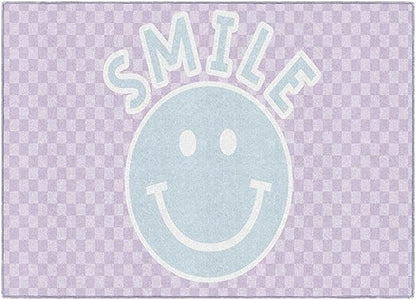 Flagship Carpets Schoolgirl Style Smiley on Lavender Checkerboard Educational Area Rug for Kids Room Seating Décor, Children's Classroom, Play Carpet for Teaching and Playroom, 5' x 7'6", Purple