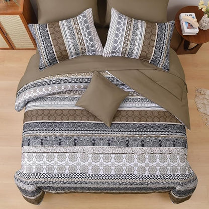 Cottolester Brown Comforter Set Queen Size,Boho Fall Bed in a Bag 8 Pieces,Paisley Soft Microfiber Bedding Comforter Set