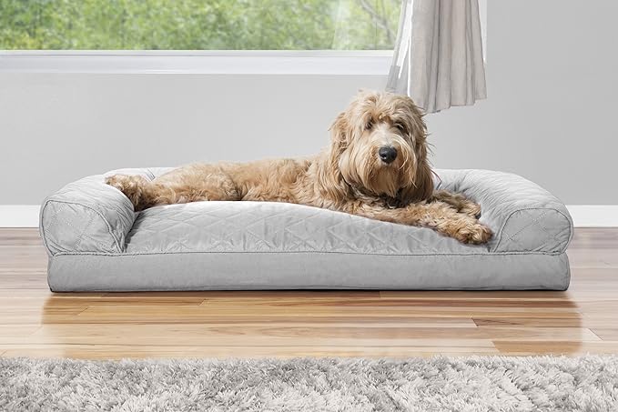 Furhaven Pillow Dog Bed for Large/Medium Dogs w/ Removable Bolsters & Washable Cover - Quilted Sofa - Silver Gray, Large-Mewly Pet