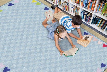 Flagship Carpets Schoolgirl Style Blue with Rainbow Hearts Border Educational Area Rug for Kids Room Seating Décor, Children's Classroom, Play Carpet for Teaching and Playroom, 5' x 7'6", Blue