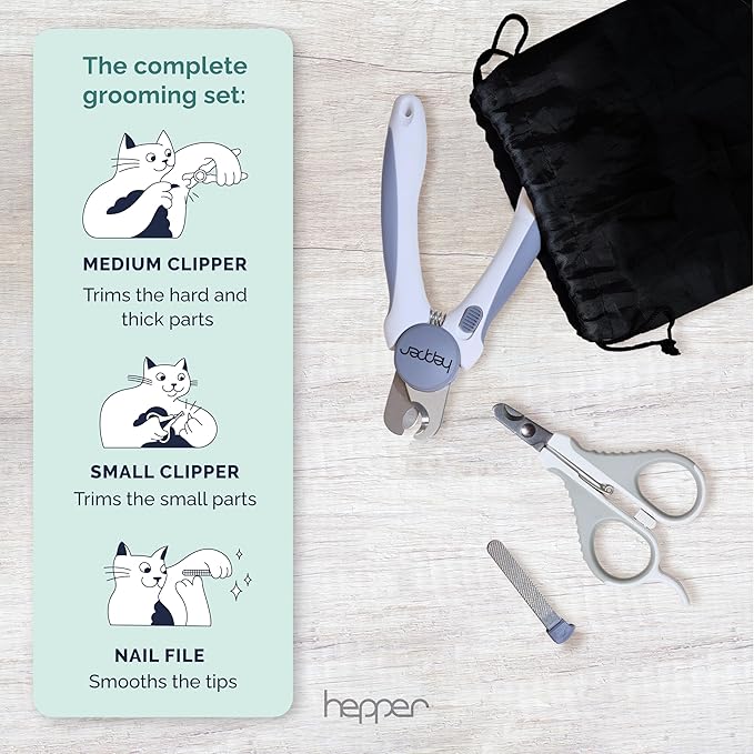 Hepper Cat Nail Clipper Kit - Small and Large Sharp Cat Claw Clippers with Added Nail File and Storage Pouch - Cat Nail Clippers with Safety Guard and Lock - Professional Cat Manicure …-Mewly Pet