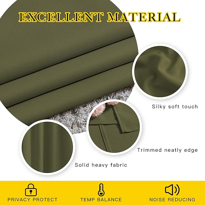 NICETOWN Short Blackout Curtains for Kitchen Window - Grommet Room Darkening Voice Reducing Solid Thermal Curtains & Drapes for Small Windows, Olive, W34 x L50, 2 Panels