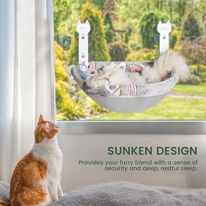 Cat Window Perch, Glow in The Dark Foldable Cat Hammock with Sunken Design & Removable Soft Cover, Breathable Cordless Window Bed for Resting Indoor Kitten (Deep Perch, 1 Pack - M)-Mewly Pet