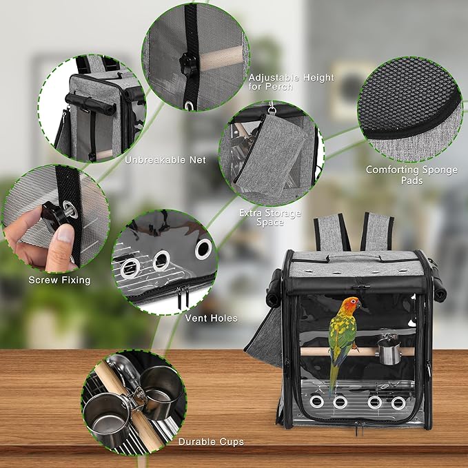 Suertree Bird Carrier with Seat Belt for Car Travel, Bird Backpack Carrier with Indestructible Stainless Steel Mesh, Large Bird Carrier Travel Cage, Grey-Mewly Pet