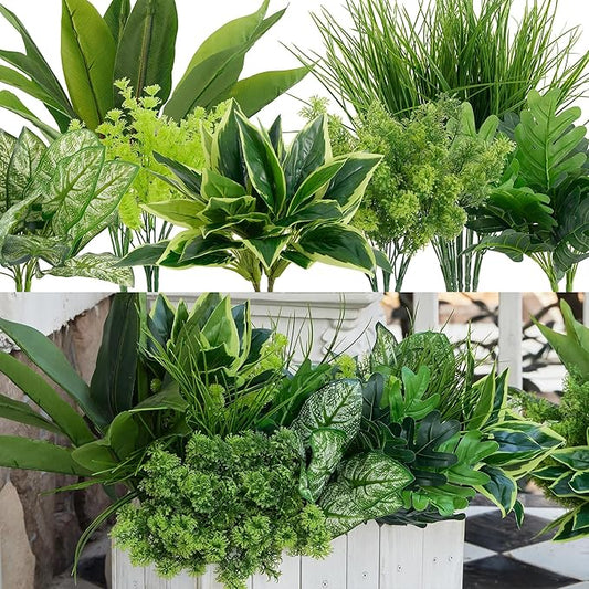 18Pcs Outdoor Artificial Boxwood UV Resistant Fake Stems Plants, Faux Plastic Greenery for Indoor Outside Hanging Plants Garden Porch Window Box Home Wedding Farmhouse Décor