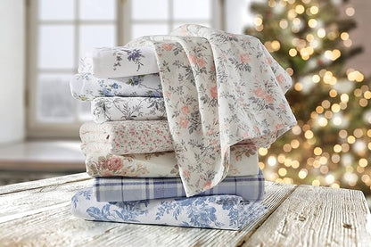 Laura Ashley - Flannel Sheets Full Size, Anti-Pilling & Wrinkle Resistant Cotton, Touchably Soft for All-Season Comfort - Bed Sheets with Matching Pillowcases & Fitted Sheet (Vanessa Blue)