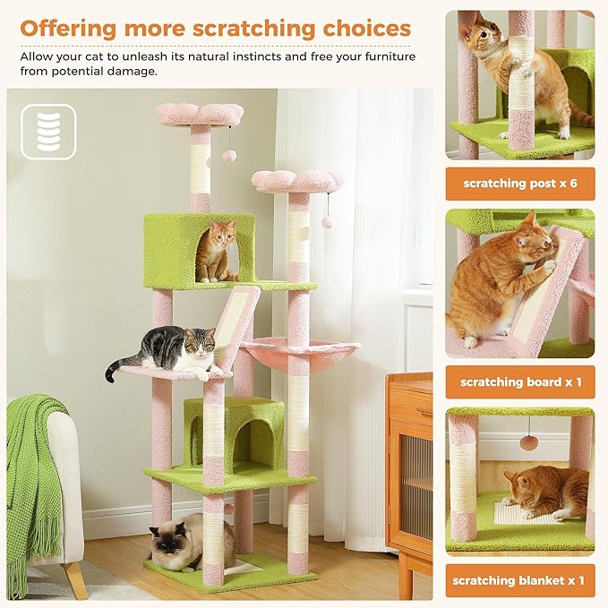 PAWZ Road 70 Inch Cat Tower, Pink Cat Tree with 2 Cozy Condos, 2 Plush Perch, Large Basket, 2 Scraching Pad & 6 Scraching Posts for Indoor Cats Large Adult-Mewly Pet