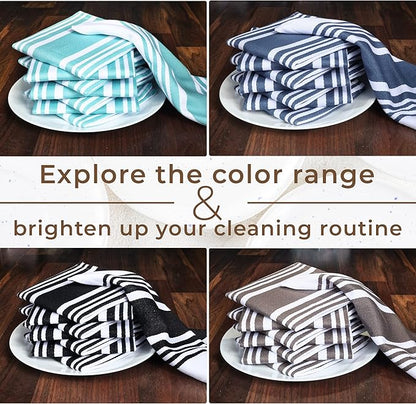 Urban Villa Cotton Dish Cloth Set of 8, Highly Absorbent Super Soft Quick Drying 12x12 Inch Dish Cloths for Kitchen Cleaning & Drying Dishes Mitered Corner Trendy Stripes Kitchen Towels - Aqua/White