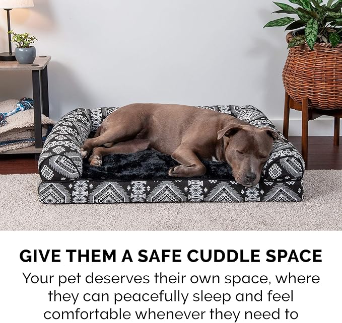 Furhaven Orthopedic Dog Bed for Large Dogs w/ Removable Bolsters & Washable Cover, For Dogs Up to 95 lbs - Plush & Southwest Kilim Woven Decor Sofa - Black Medallion, Jumbo/XL-Mewly Pet